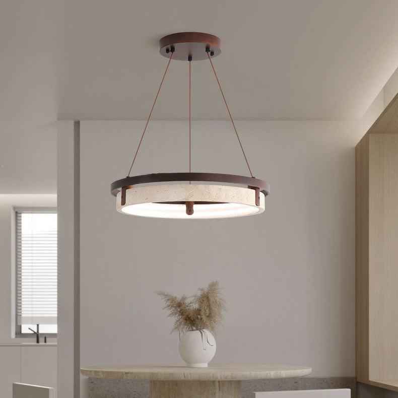 Lustre LED en noyer travertin jaune rond traditionnel japonais pour salle à manger 
