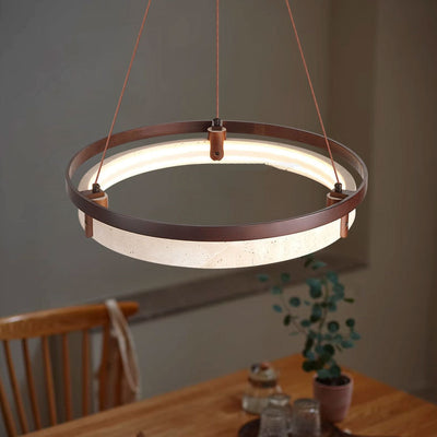Lustre LED en noyer travertin jaune rond traditionnel japonais pour salle à manger 