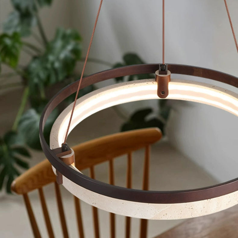Lustre LED en noyer travertin jaune rond traditionnel japonais pour salle à manger 