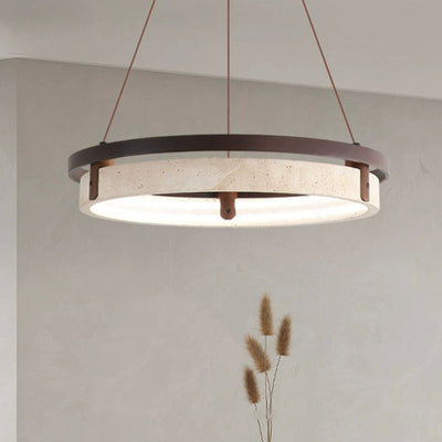 Lustre LED en noyer travertin jaune rond traditionnel japonais pour salle à manger 
