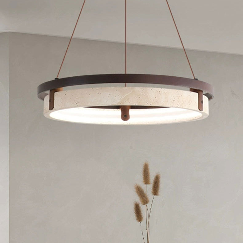 Lustre LED en noyer travertin jaune rond traditionnel japonais pour salle à manger 