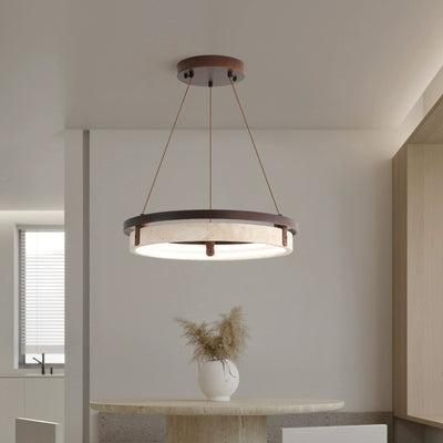 Lustre LED en noyer travertin jaune rond traditionnel japonais pour salle à manger 
