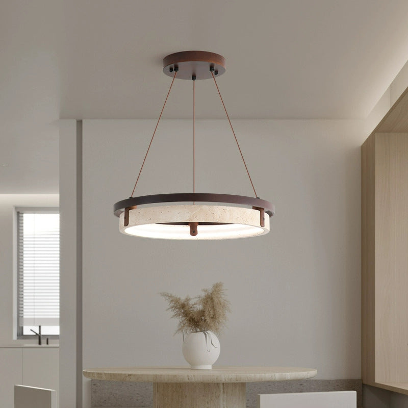 Lustre LED en noyer travertin jaune rond traditionnel japonais pour salle à manger 