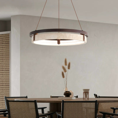 Lustre LED en noyer travertin jaune rond traditionnel japonais pour salle à manger 