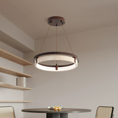 Lustre LED en noyer travertin jaune rond traditionnel japonais pour salle à manger 