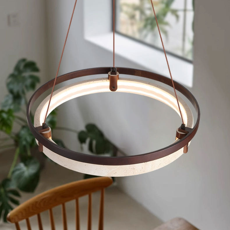 Lustre LED en noyer travertin jaune rond traditionnel japonais pour salle à manger 