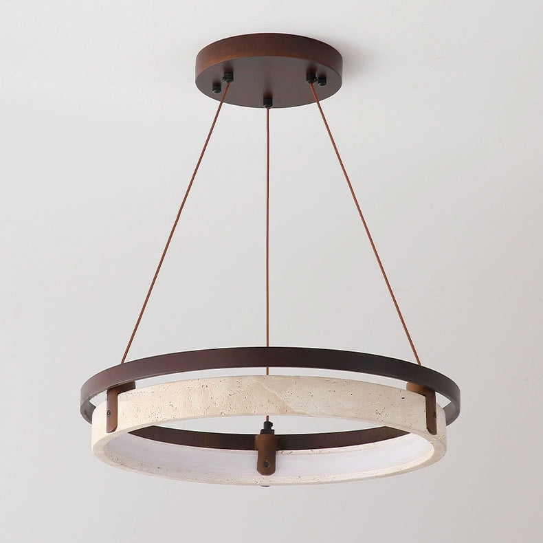 Lustre LED en noyer travertin jaune rond traditionnel japonais pour salle à manger 