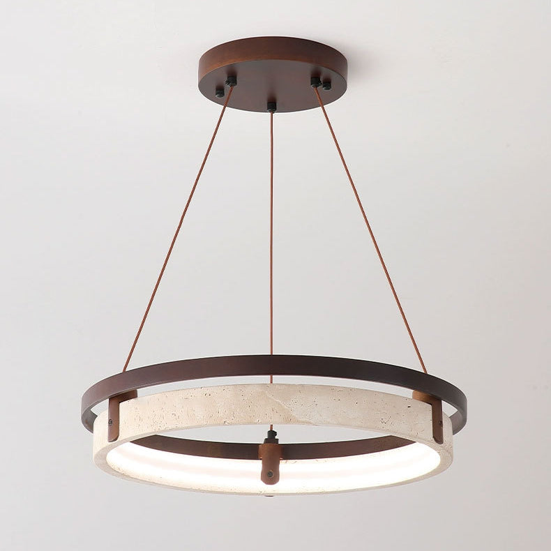 Lustre LED en noyer travertin jaune rond traditionnel japonais pour salle à manger 