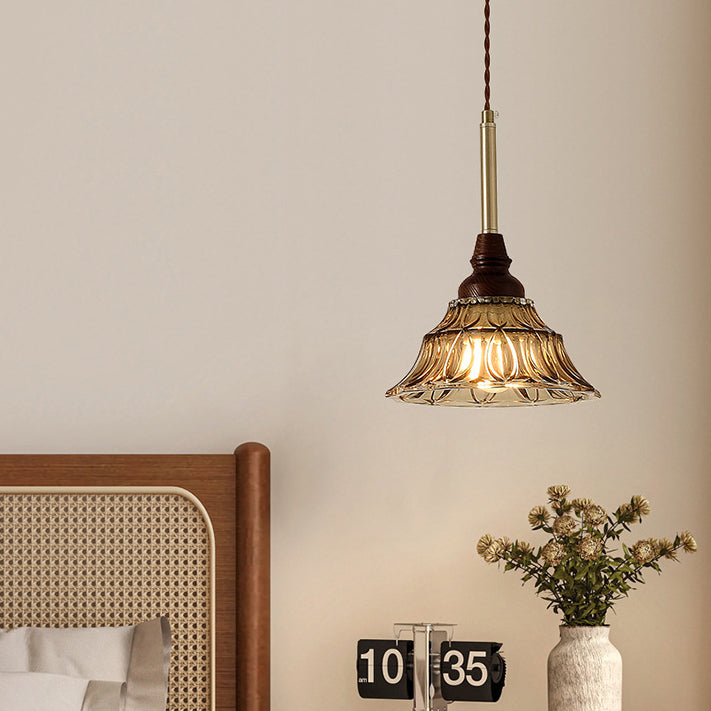 Lámpara de araña de hierro cónico francés tradicional de vidrio y madera maciza 1/3 - Luz para comedor 