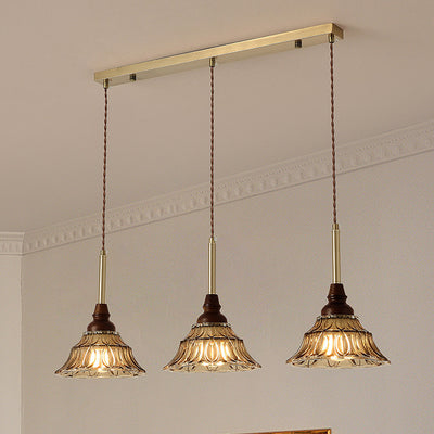 Lámpara de araña de hierro cónico francés tradicional de vidrio y madera maciza 1/3 - Luz para comedor 