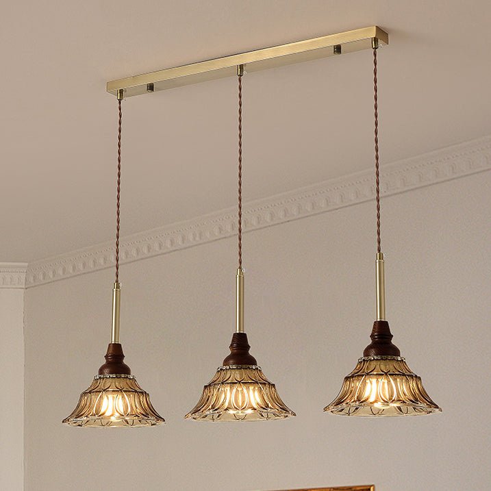 Lámpara de araña de hierro cónico francés tradicional de vidrio y madera maciza 1/3 - Luz para comedor 