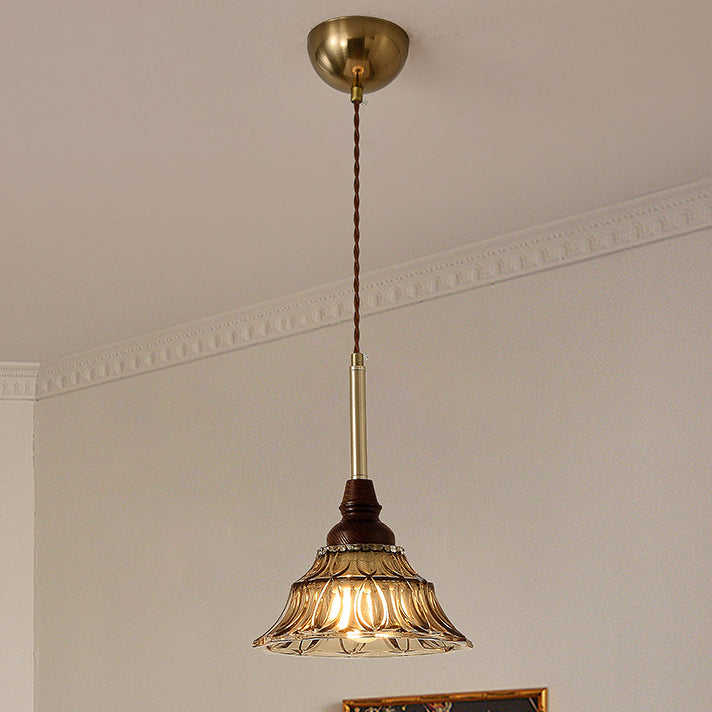 Lámpara de araña de hierro cónico francés tradicional de vidrio y madera maciza 1/3 - Luz para comedor 