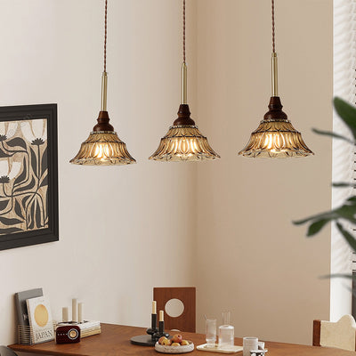 Lámpara de araña de hierro cónico francés tradicional de vidrio y madera maciza 1/3 - Luz para comedor 