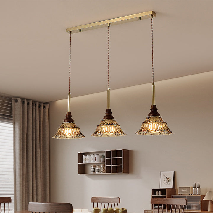 Traditioneller französischer konischer Eisen-Glas-Massivholz 1/3 - Licht-Kronleuchter für das Esszimmer 