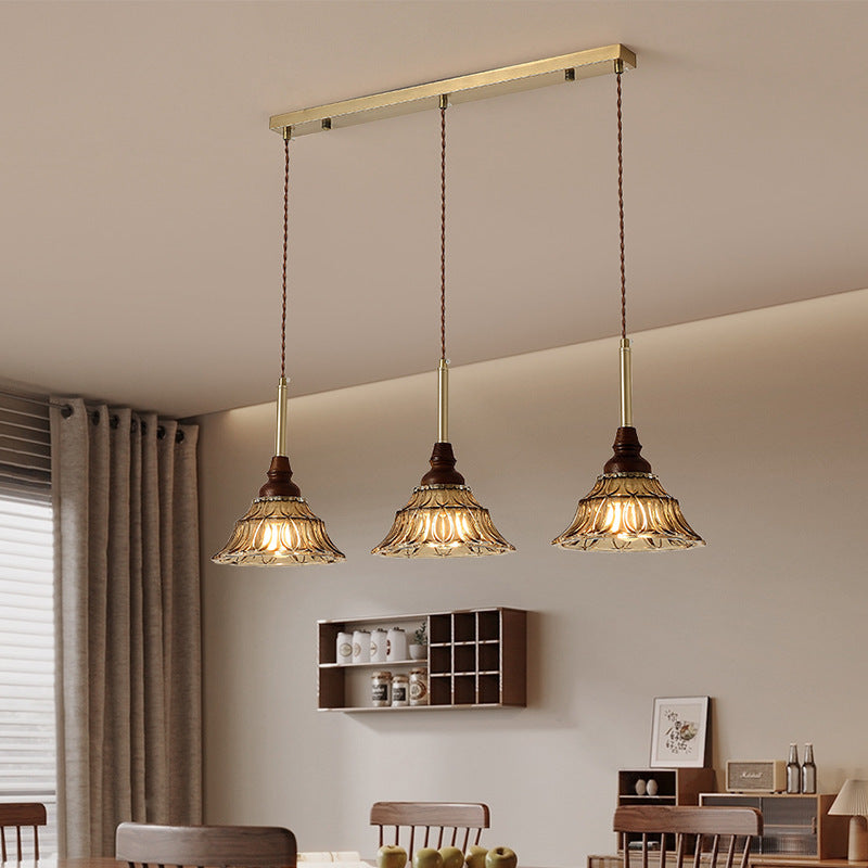 Lámpara de araña de hierro cónico francés tradicional de vidrio y madera maciza 1/3 - Luz para comedor 