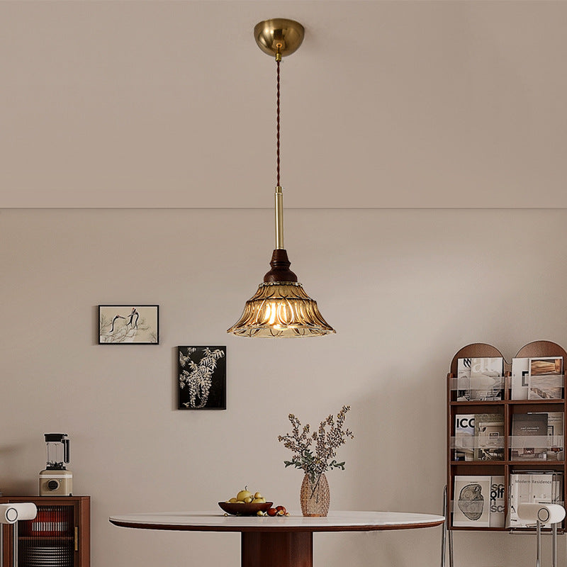 Lámpara de araña de hierro cónico francés tradicional de vidrio y madera maciza 1/3 - Luz para comedor 