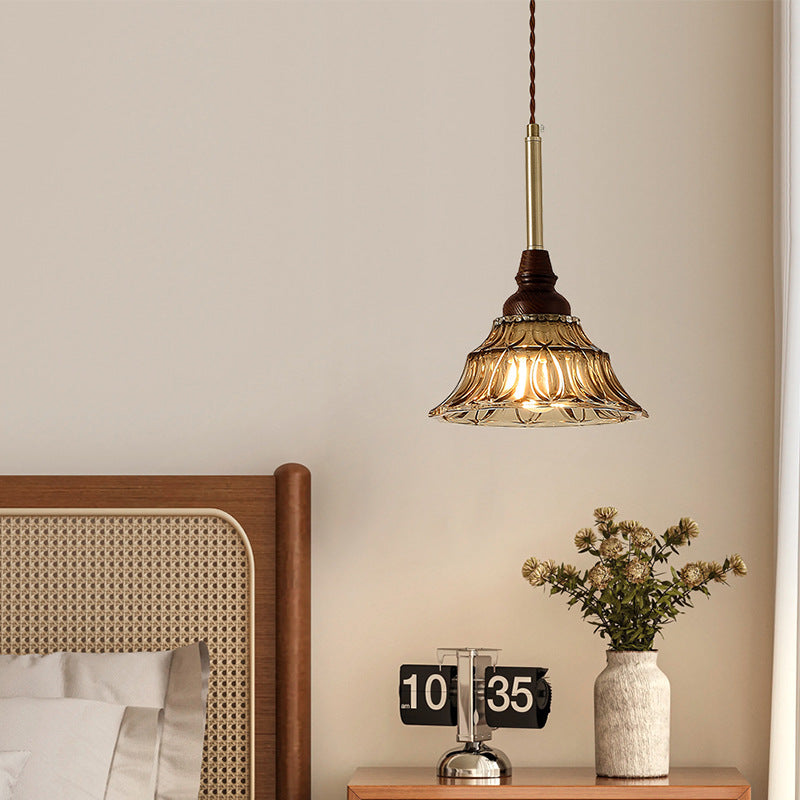 Lámpara de araña de hierro cónico francés tradicional de vidrio y madera maciza 1/3 - Luz para comedor 