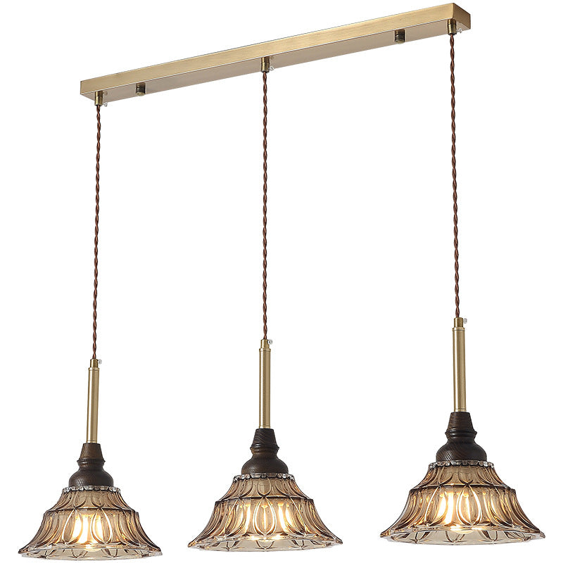 Lámpara de araña de hierro cónico francés tradicional de vidrio y madera maciza 1/3 - Luz para comedor 