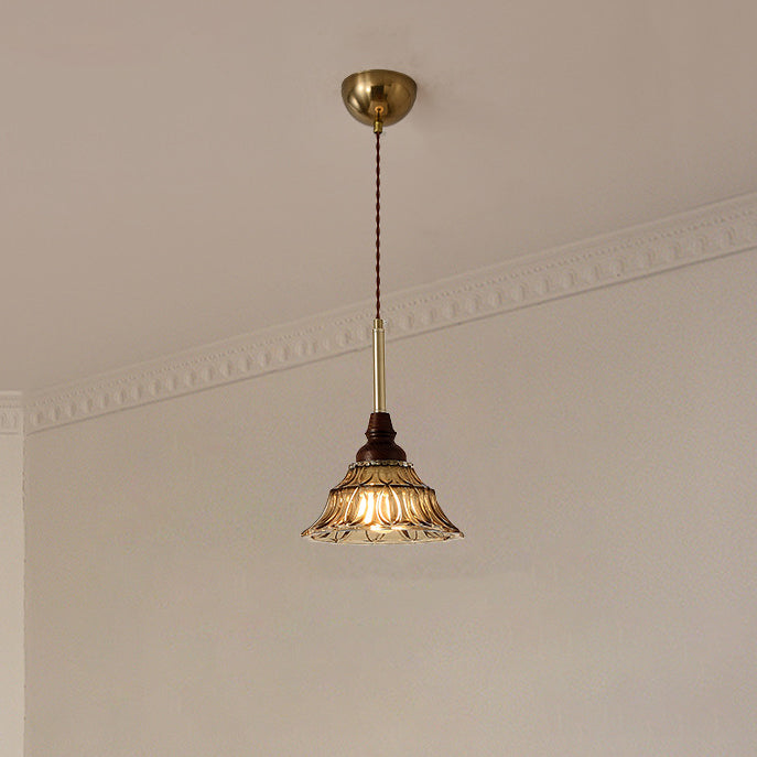 Lámpara de araña de hierro cónico francés tradicional de vidrio y madera maciza 1/3 - Luz para comedor 