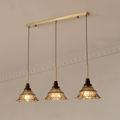 Lámpara de araña de hierro cónico francés tradicional de vidrio y madera maciza 1/3 - Luz para comedor 