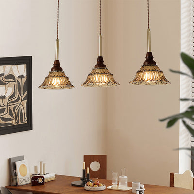 Lámpara de araña de hierro cónico francés tradicional de vidrio y madera maciza 1/3 - Luz para comedor 