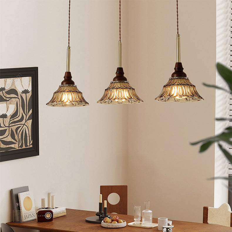Lámpara de araña de hierro cónico francés tradicional de vidrio y madera maciza 1/3 - Luz para comedor 