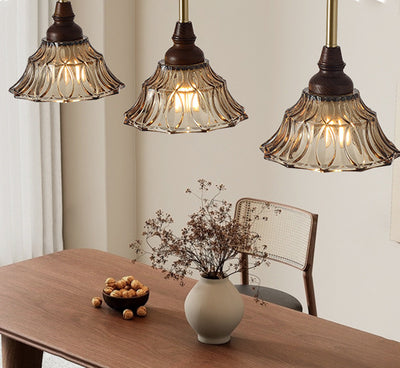 Lámpara de araña de hierro cónico francés tradicional de vidrio y madera maciza 1/3 - Luz para comedor 