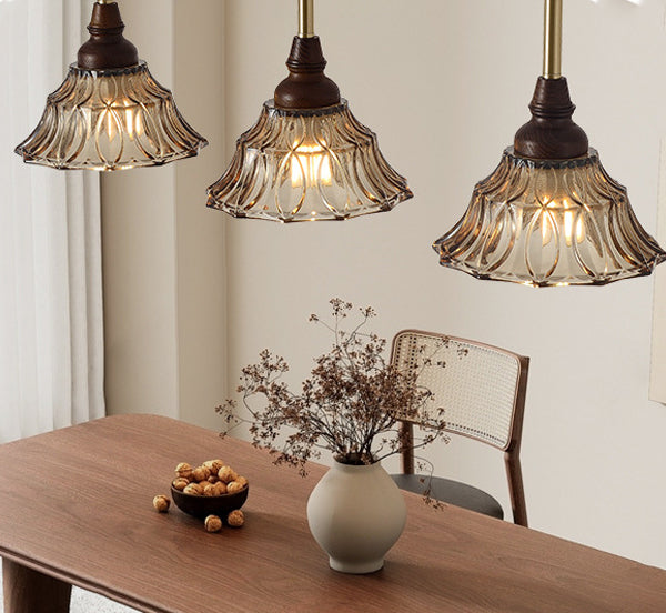 Lámpara de araña de hierro cónico francés tradicional de vidrio y madera maciza 1/3 - Luz para comedor 