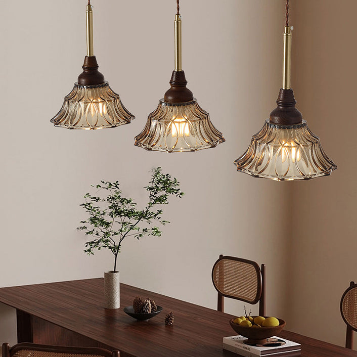 Lámpara de araña de hierro cónico francés tradicional de vidrio y madera maciza 1/3 - Luz para comedor 