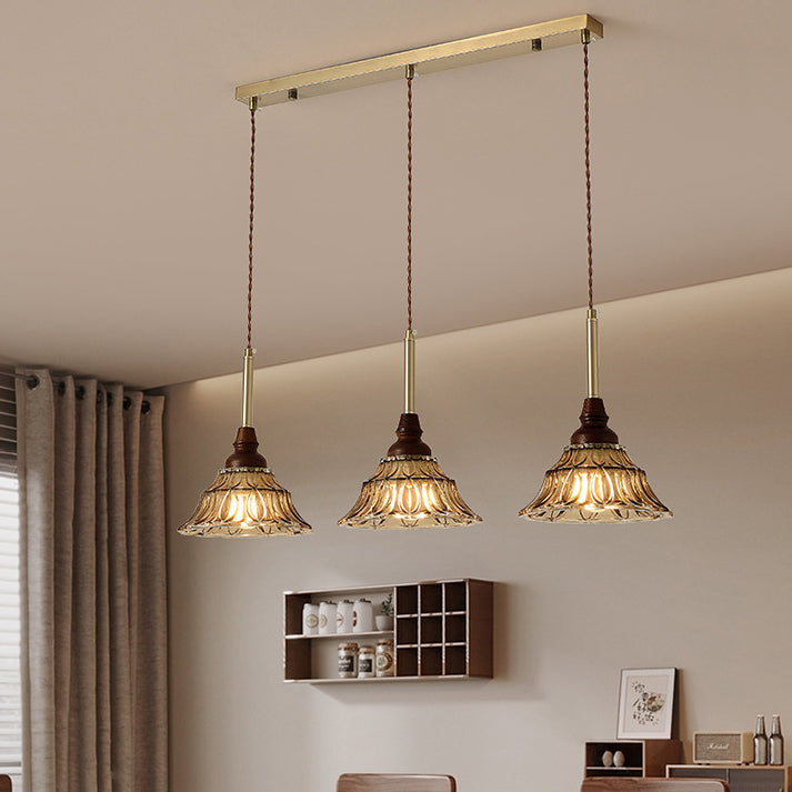 Lámpara de araña de hierro cónico francés tradicional de vidrio y madera maciza 1/3 - Luz para comedor 