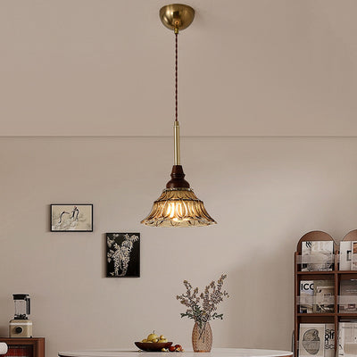 Lámpara de araña de hierro cónico francés tradicional de vidrio y madera maciza 1/3 - Luz para comedor 