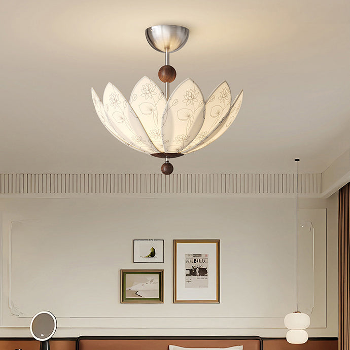 Traditional French Semicircular Bud Fabric Iron Wood 3 - Light Semi-Flush Mount Ceiling Light For Living Room
