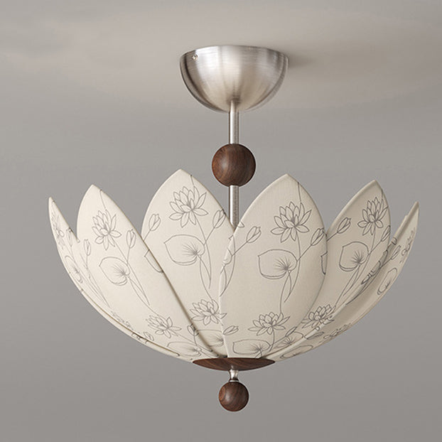 Traditional French Semicircular Bud Fabric Iron Wood 3 - Light Semi-Flush Mount Ceiling Light For Living Room