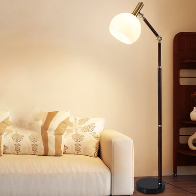 Zeitgenössische Retro-Halbrund-Basis Biegsame Gummiholz Marmor Glas 1-Licht Stehende Stehlampe für Wohnzimmer 