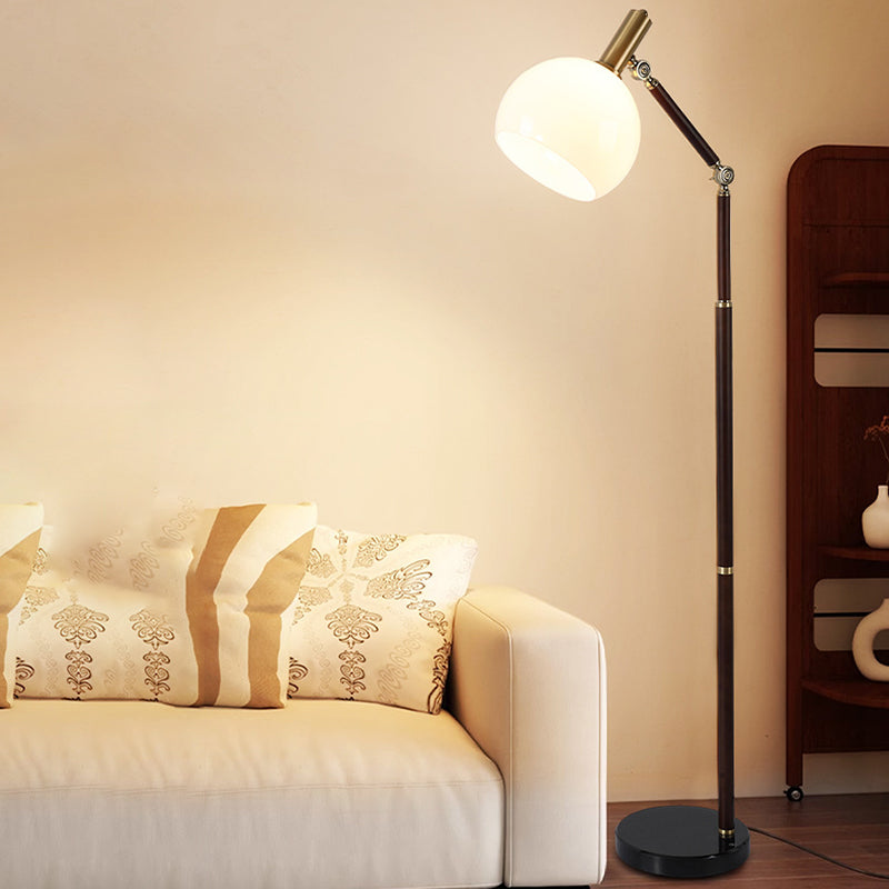 Zeitgenössische Retro-Halbrund-Basis Biegsame Gummiholz Marmor Glas 1-Licht Stehende Stehlampe für Wohnzimmer 