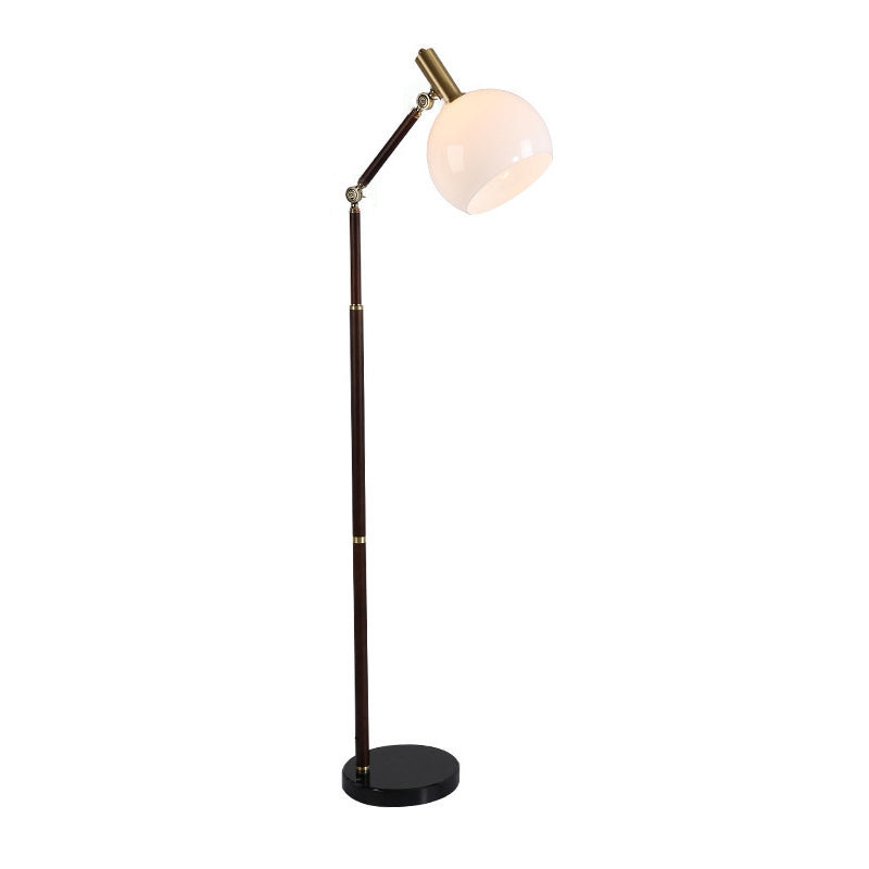 Zeitgenössische Retro-Halbrund-Basis Biegsame Gummiholz Marmor Glas 1-Licht Stehende Stehlampe für Wohnzimmer 