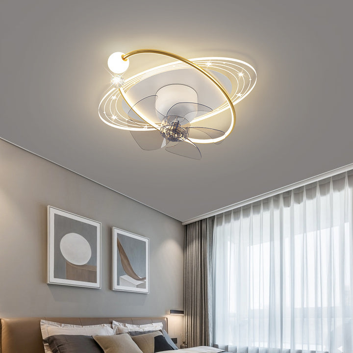 Contemporary Nordic Round Oval Five Fan Blades Orb Iron Acrylic LED Flush Mount Ceiling Fan Light For Bedroom