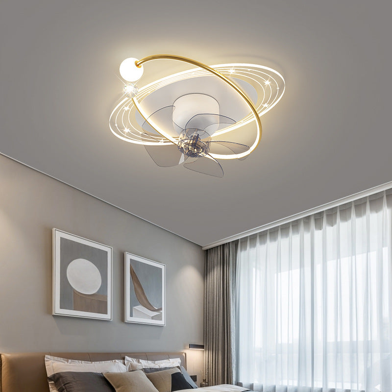 Ventilateur de plafond moderne nordique rond ovale avec cinq pales en fer acrylique LED pour chambre 