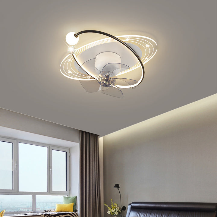 Contemporary Nordic Round Oval Five Fan Blades Orb Iron Acrylic LED Flush Mount Ceiling Fan Light For Bedroom