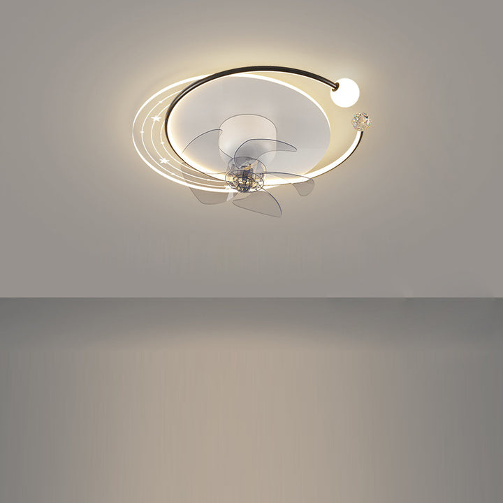 Contemporary Nordic Round Oval Five Fan Blades Orb Iron Acrylic LED Flush Mount Ceiling Fan Light For Bedroom