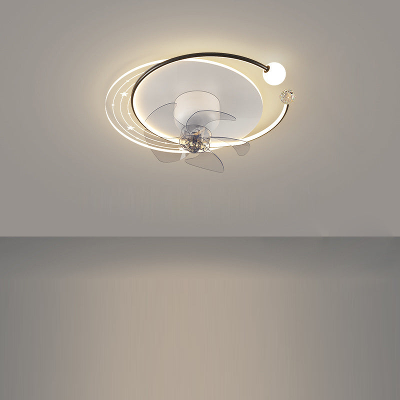 Ventilateur de plafond moderne nordique rond ovale avec cinq pales en fer acrylique LED pour chambre 