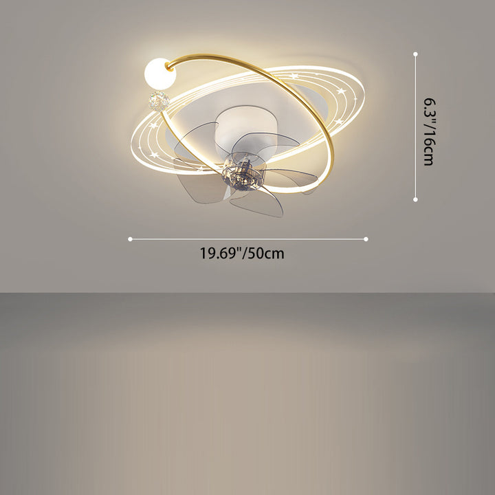 Contemporary Nordic Round Oval Five Fan Blades Orb Iron Acrylic LED Flush Mount Ceiling Fan Light For Bedroom