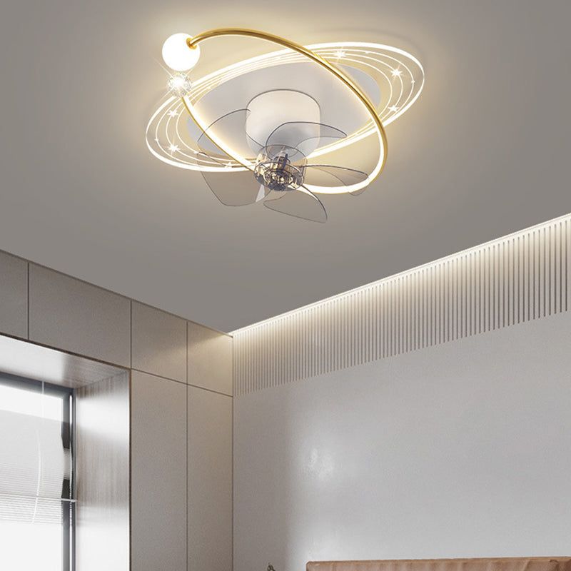 Ventilateur de plafond moderne nordique rond ovale avec cinq pales en fer acrylique LED pour chambre 