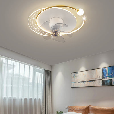 Ventilateur de plafond moderne nordique rond ovale avec cinq pales en fer acrylique LED pour chambre 