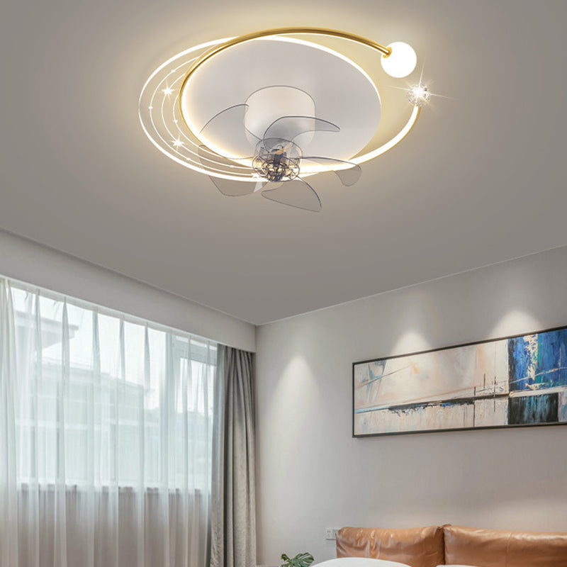 Ventilateur de plafond moderne nordique rond ovale avec cinq pales en fer acrylique LED pour chambre 