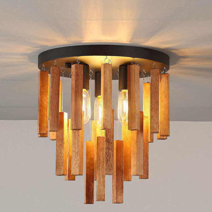 Montaje de techo semiempotrado de 3 luces con varilla redonda de madera rústica tradicional para sala de estar 