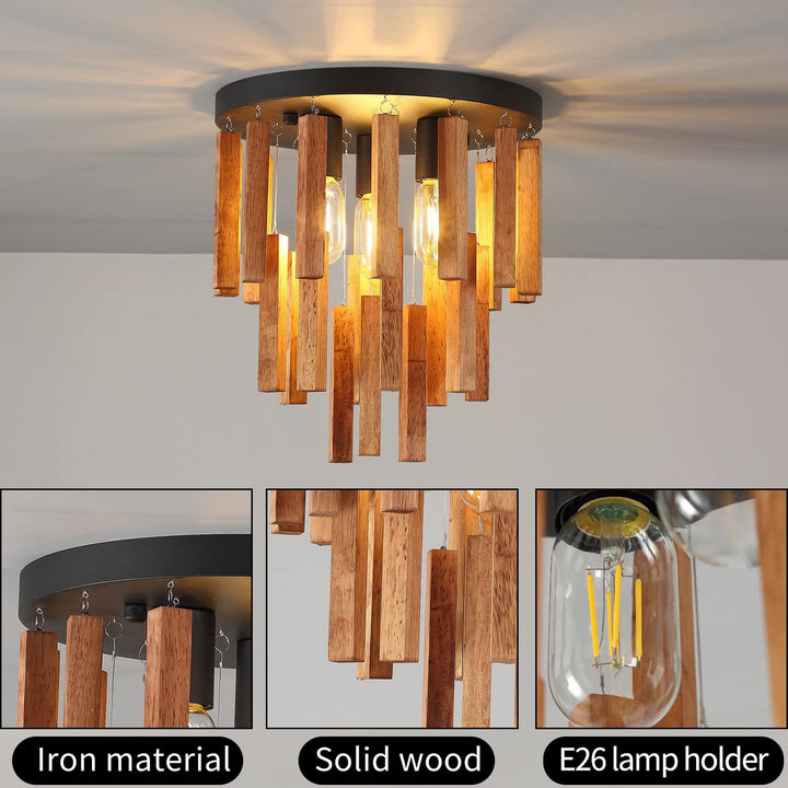 Montaje de techo semiempotrado de 3 luces con varilla redonda de madera rústica tradicional para sala de estar 