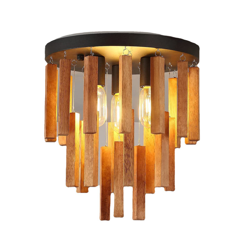 Traditionelle rustikale runde Holzstab 3-Licht Semi-Flush-Mount Deckenleuchte für Wohnzimmer 
