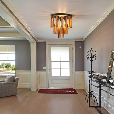 Traditionelle rustikale runde Holzstab 3-Licht Semi-Flush-Mount Deckenleuchte für Wohnzimmer 