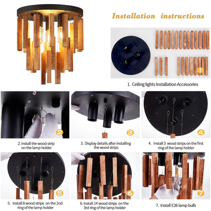 Montaje de techo semiempotrado de 3 luces con varilla redonda de madera rústica tradicional para sala de estar 